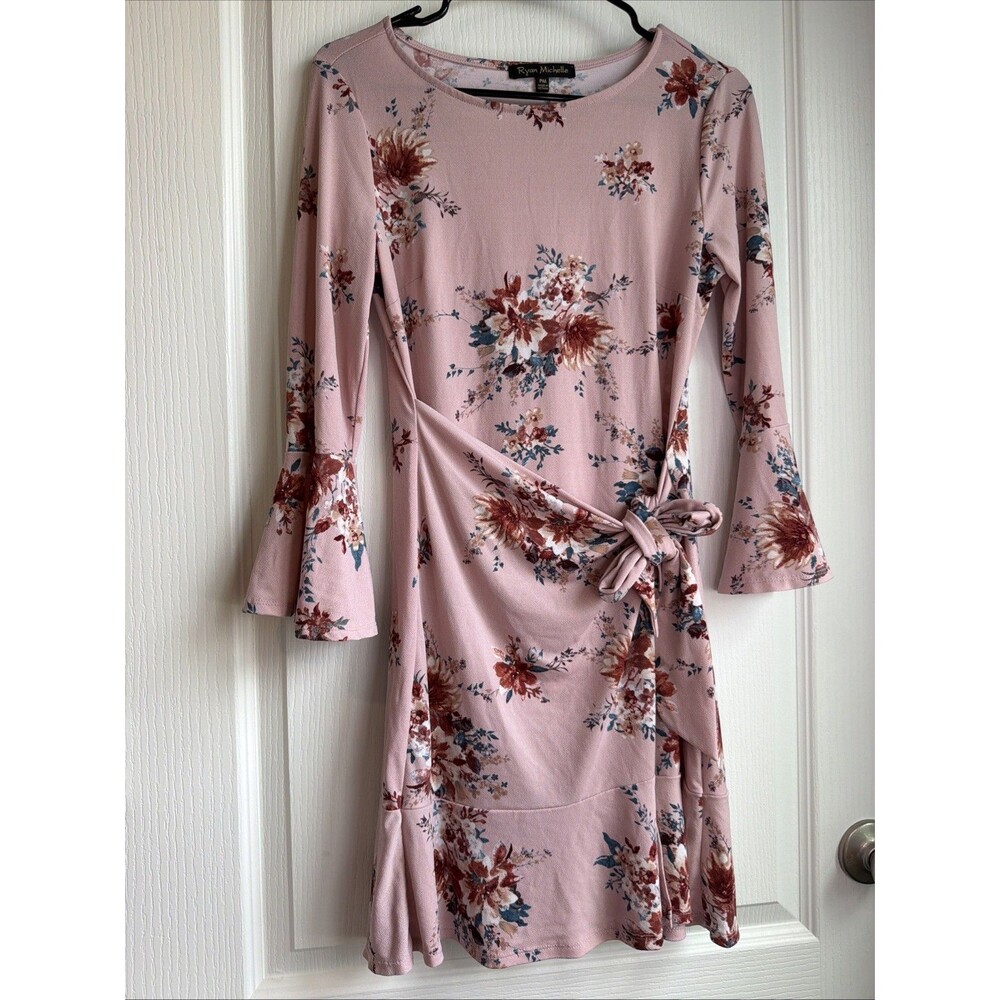 Ryan Michelle Women’s PM Pink Floral Faux Wrap Dress Bell Sleeve Tie Waist